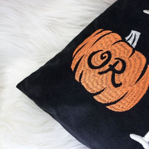 Halloween Trick or Treat Lumbar Pillow - Black Embroidered Cushion