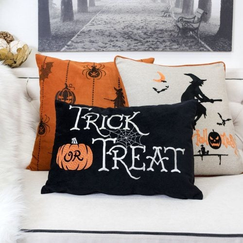 Halloween Trick or Treat Lumbar Pillow - Black Embroidered Cushion