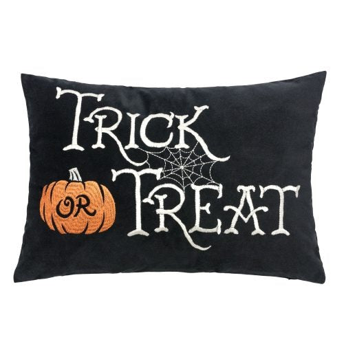 Halloween Trick or Treat Lumbar Pillow - Black Embroidered Cushion