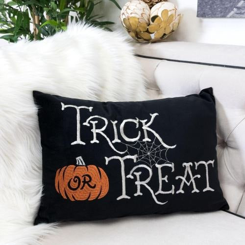 Halloween Trick or Treat Lumbar Pillow - Black Embroidered Cushion
