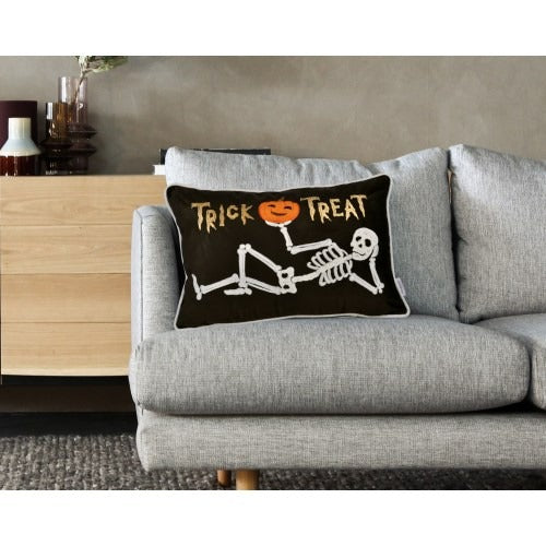 Halloween Velvet Skeleton Pillow - Trick or Treat Lumbar Cushion