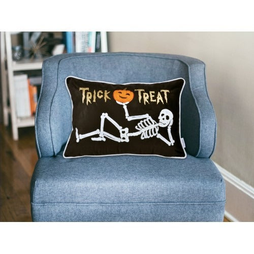 Halloween Velvet Skeleton Pillow - Trick or Treat Lumbar Cushion