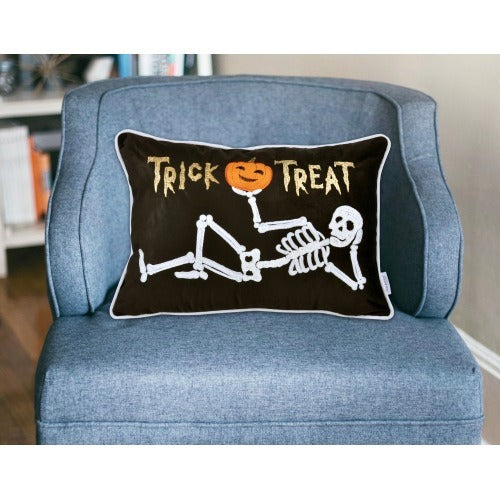 Halloween Velvet Skeleton Pillow - Trick or Treat Lumbar Cushion