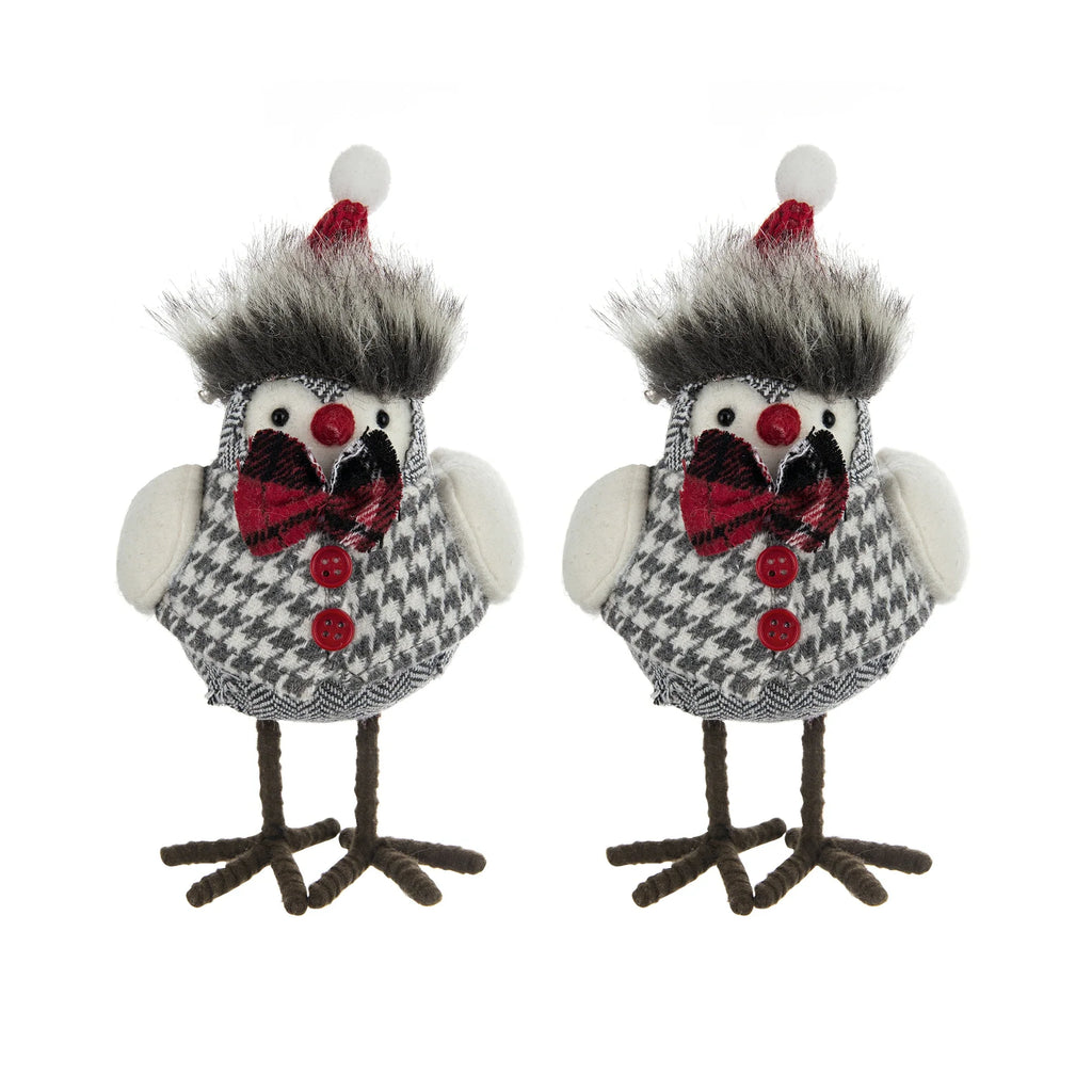 Holiday Decor Fabric Birds with Plaid Bow and Red Hat, 2 Pack