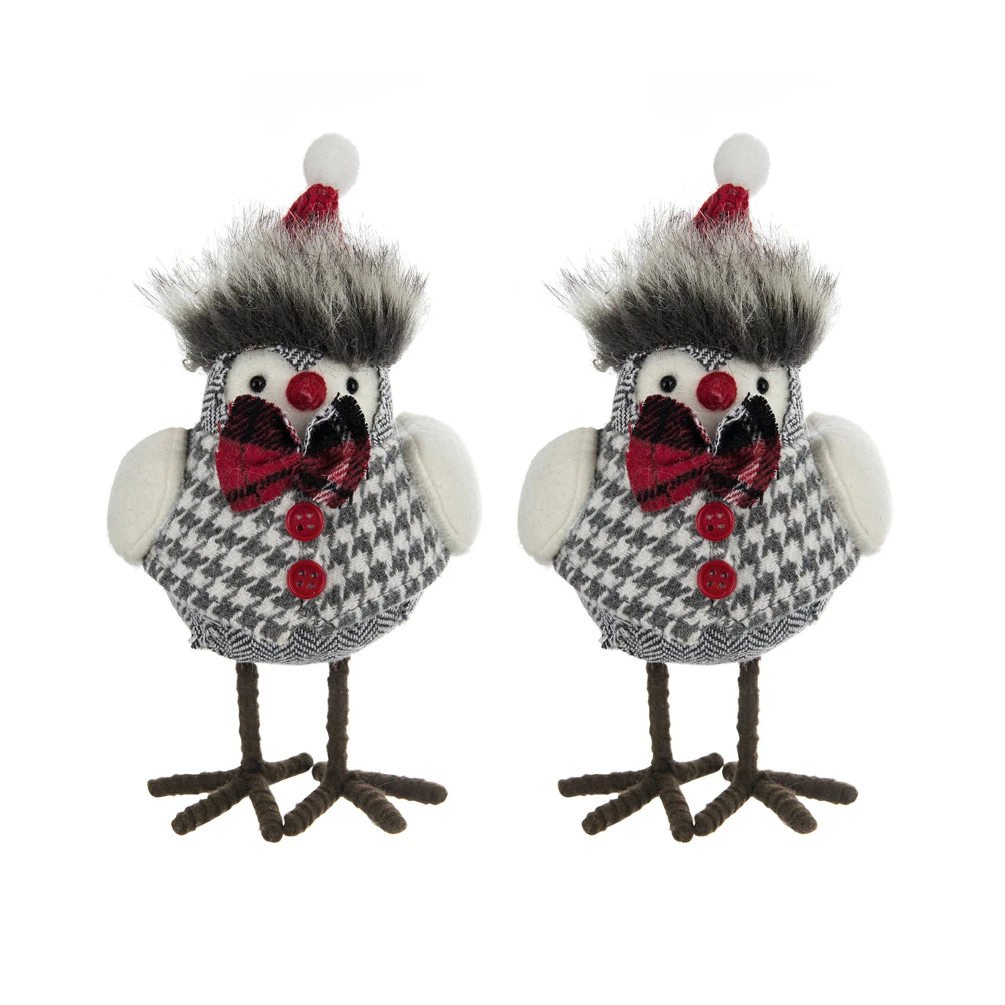 Holiday Decor Fabric Birds with Plaid Bow and Red Hat, 2 Pack
