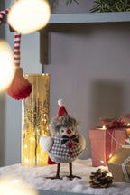 Holiday Decor Fabric Birds with Plaid Bow and Red Hat, 2 Pack