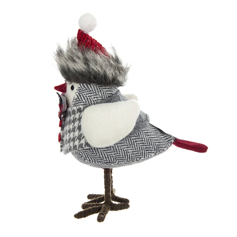 Holiday Decor Fabric Birds with Plaid Bow and Red Hat, 2 Pack