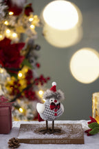 Holiday Decor Fabric Birds with Plaid Bow and Red Hat, 2 Pack