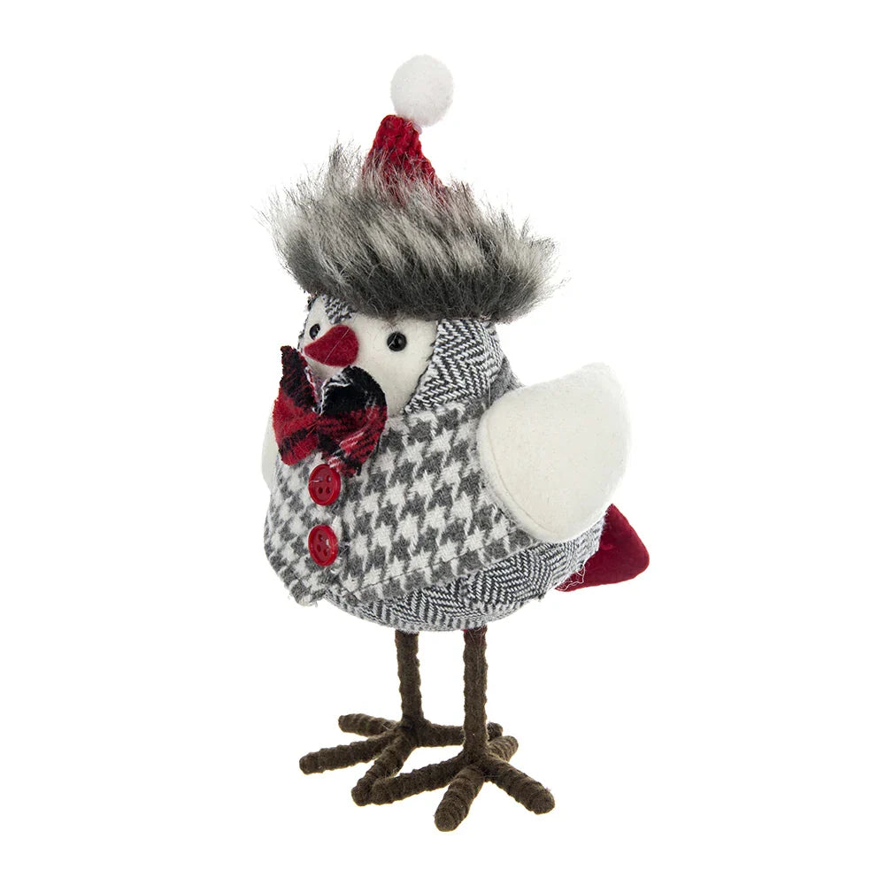 Holiday Decor Fabric Birds with Plaid Bow and Red Hat, 2 Pack