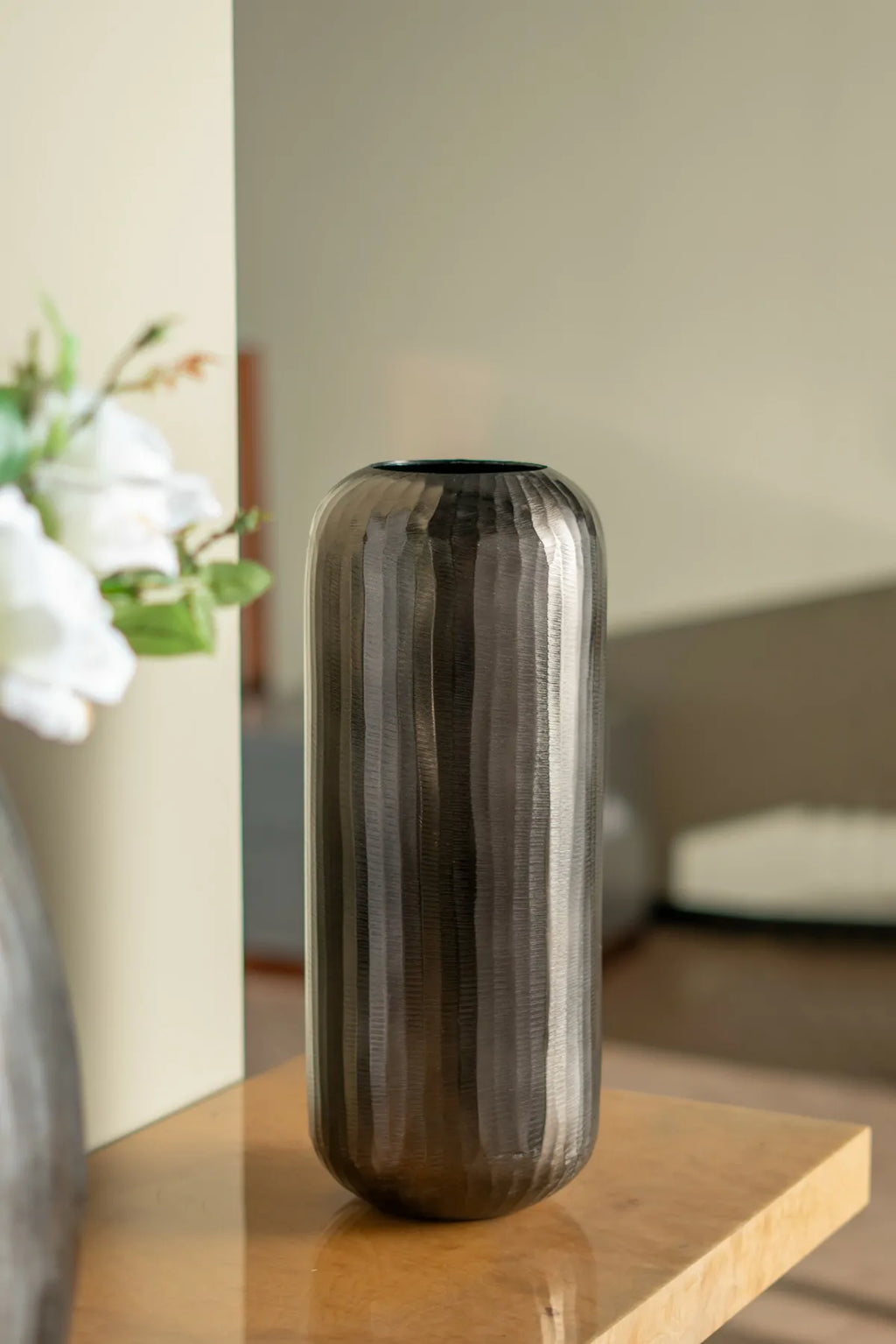 Layered Aluminum Oval Vase 17 Inch Modern Sculptural Floor Decor