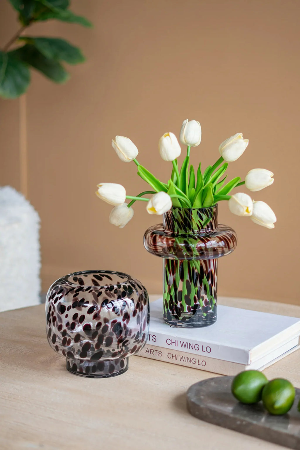 Modern Glass Vase with Artistic Amber Spots 6x8 Inch Home Accent Piece