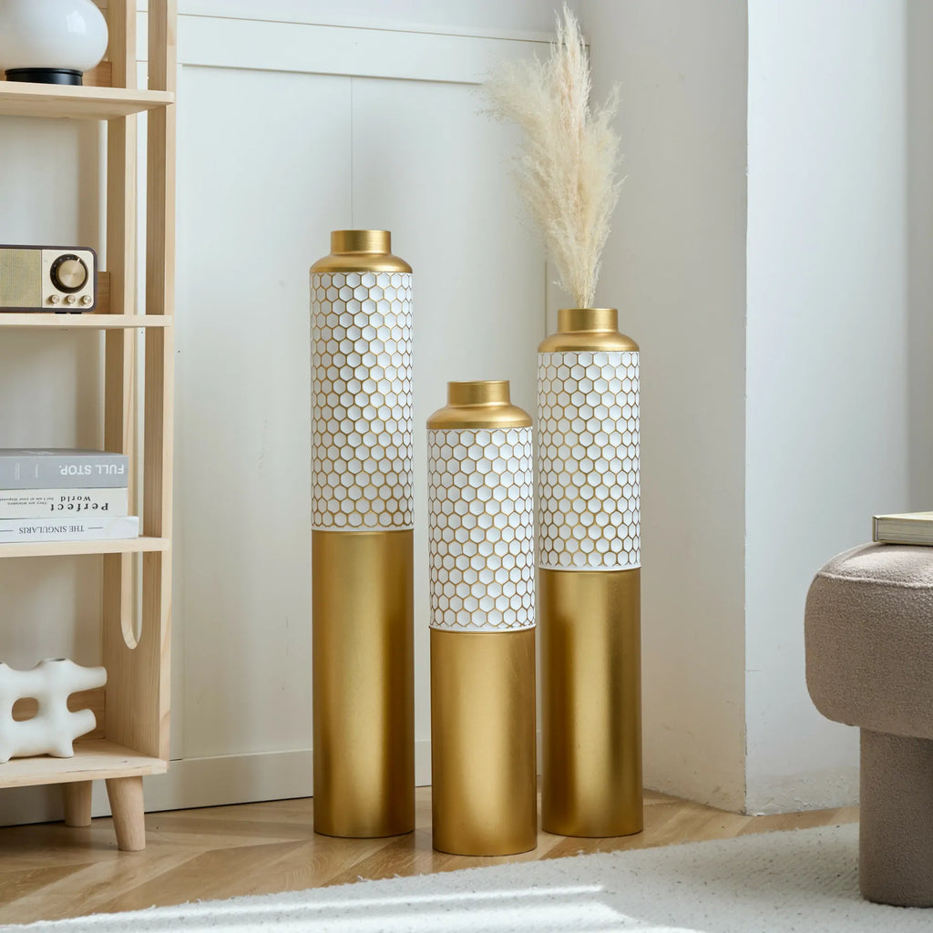 Modern White Droplet Floor Vase Set of 3 with Gold Base