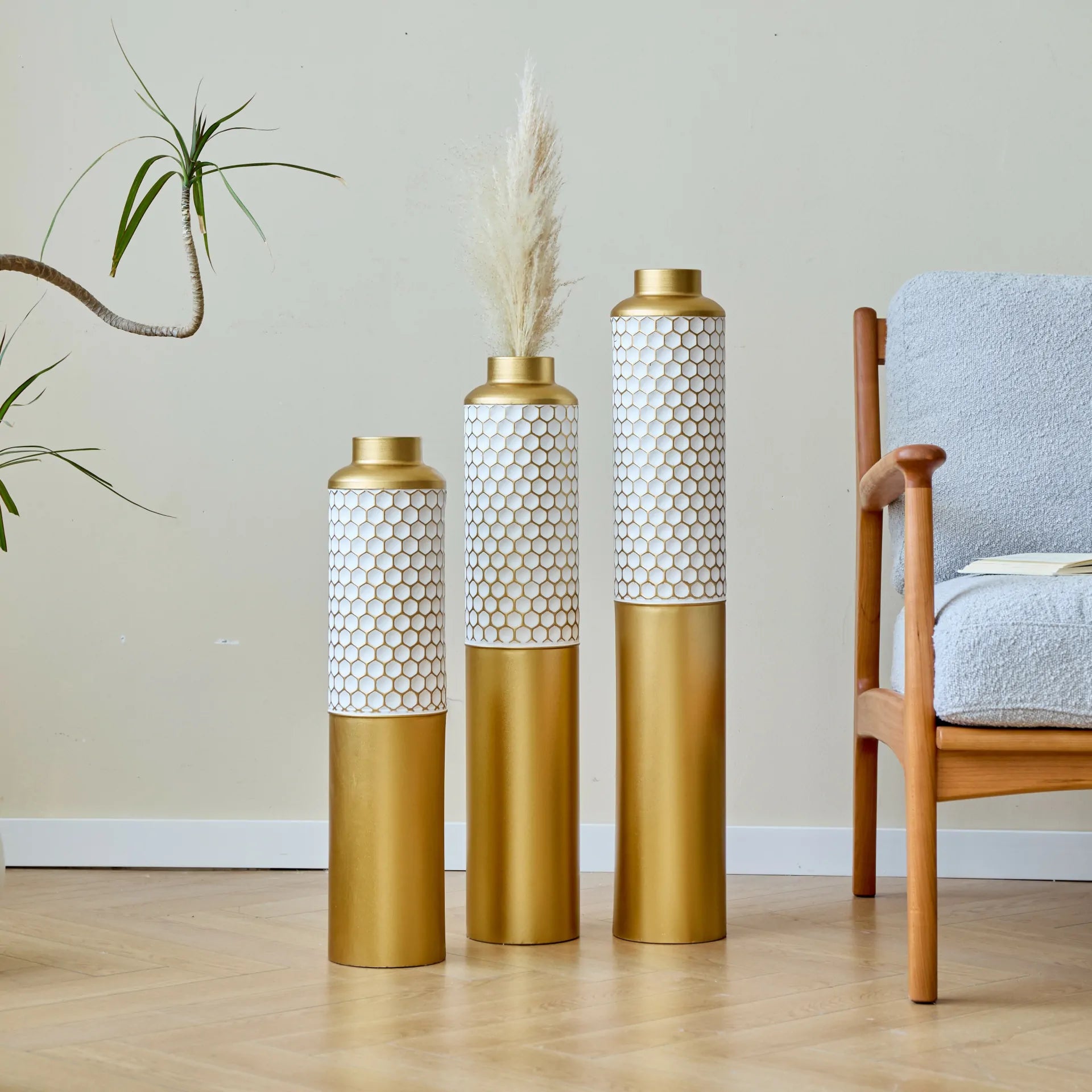 Modern White Droplet Floor Vase Set of 3 with Gold Base