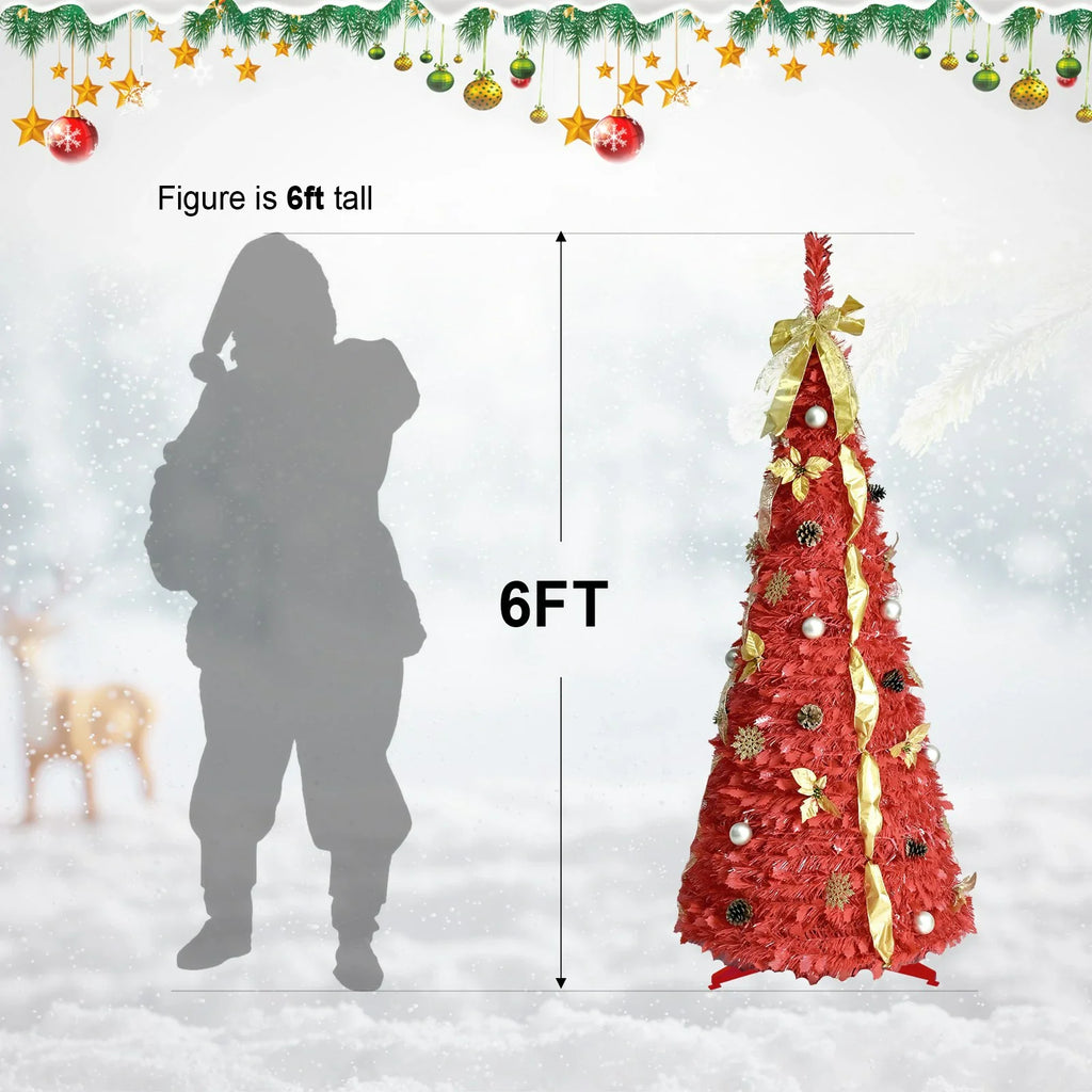 Red Pop-Up Christmas Tree with 150 LED Lights and Ornaments