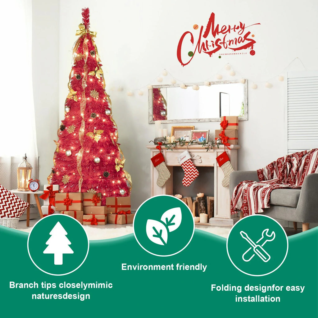 Red Pop-Up Christmas Tree with 150 LED Lights and Ornaments