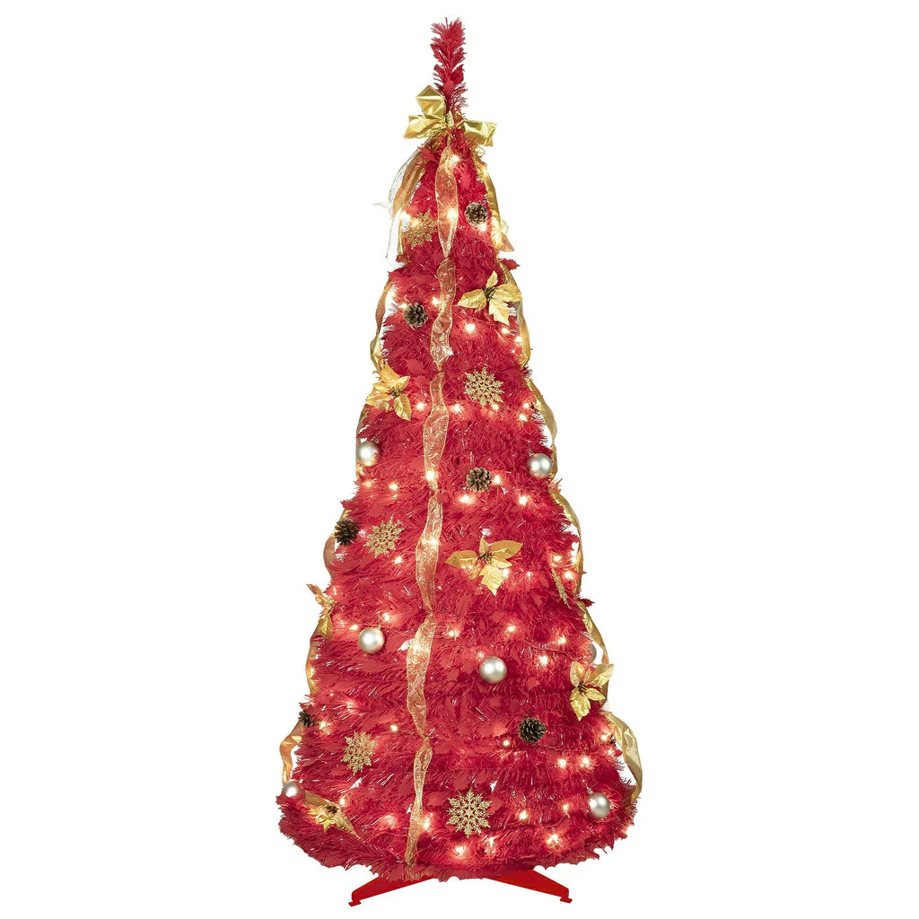 Red Pop-Up Christmas Tree with 150 LED Lights and Ornaments