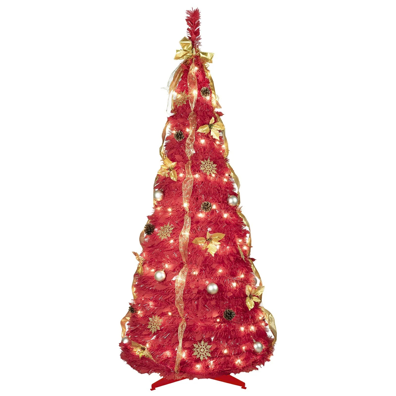 Red Pop-Up Christmas Tree with 150 LED Lights and Ornaments