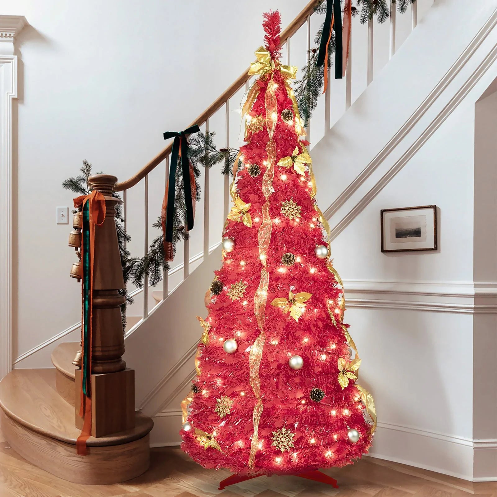 Red Pop-Up Christmas Tree with 150 LED Lights and Ornaments