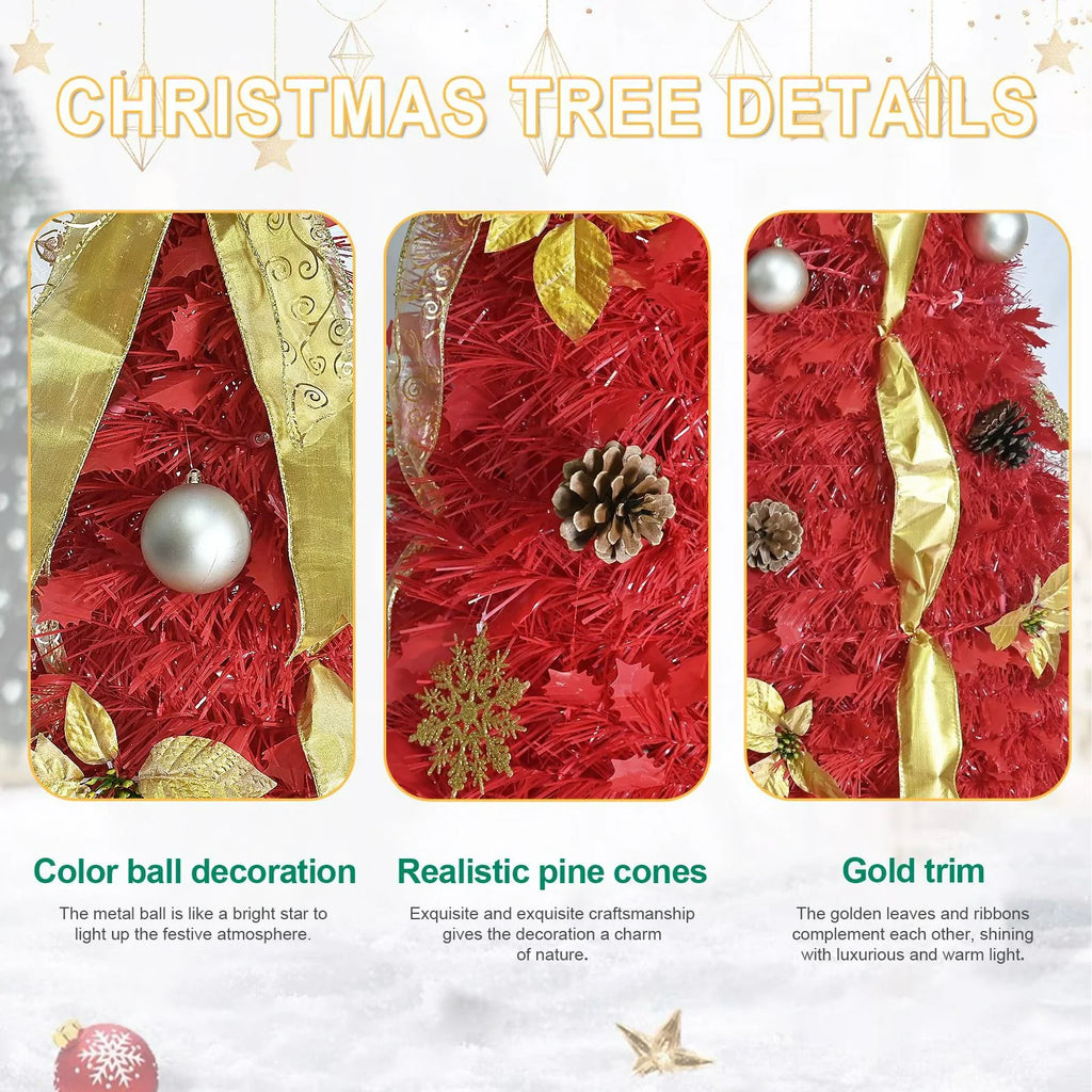 Red Pop-Up Christmas Tree with 150 LED Lights and Ornaments