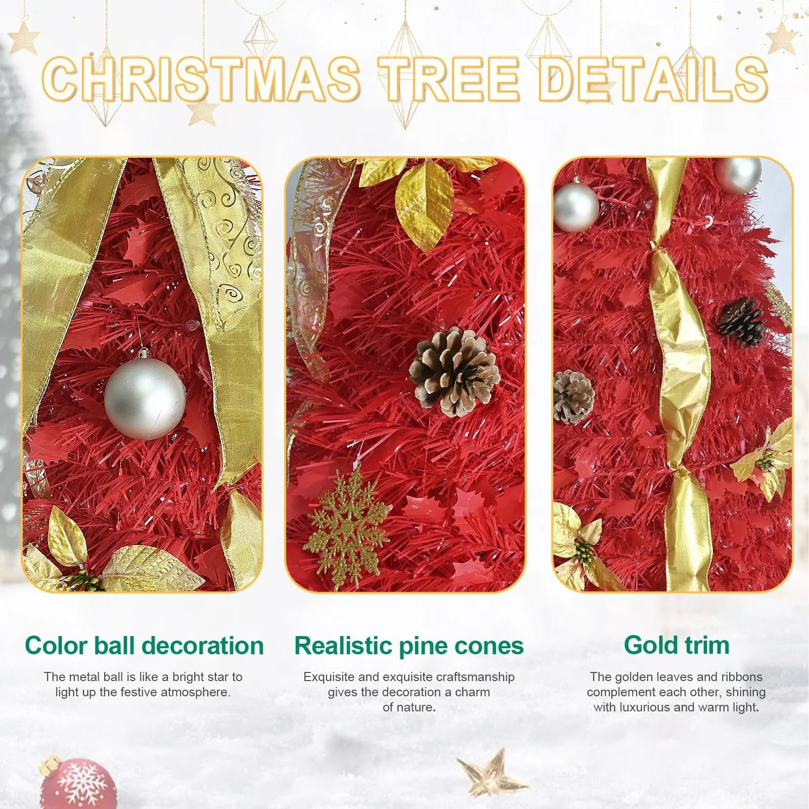 Red Pop-Up Christmas Tree with 150 LED Lights and Ornaments