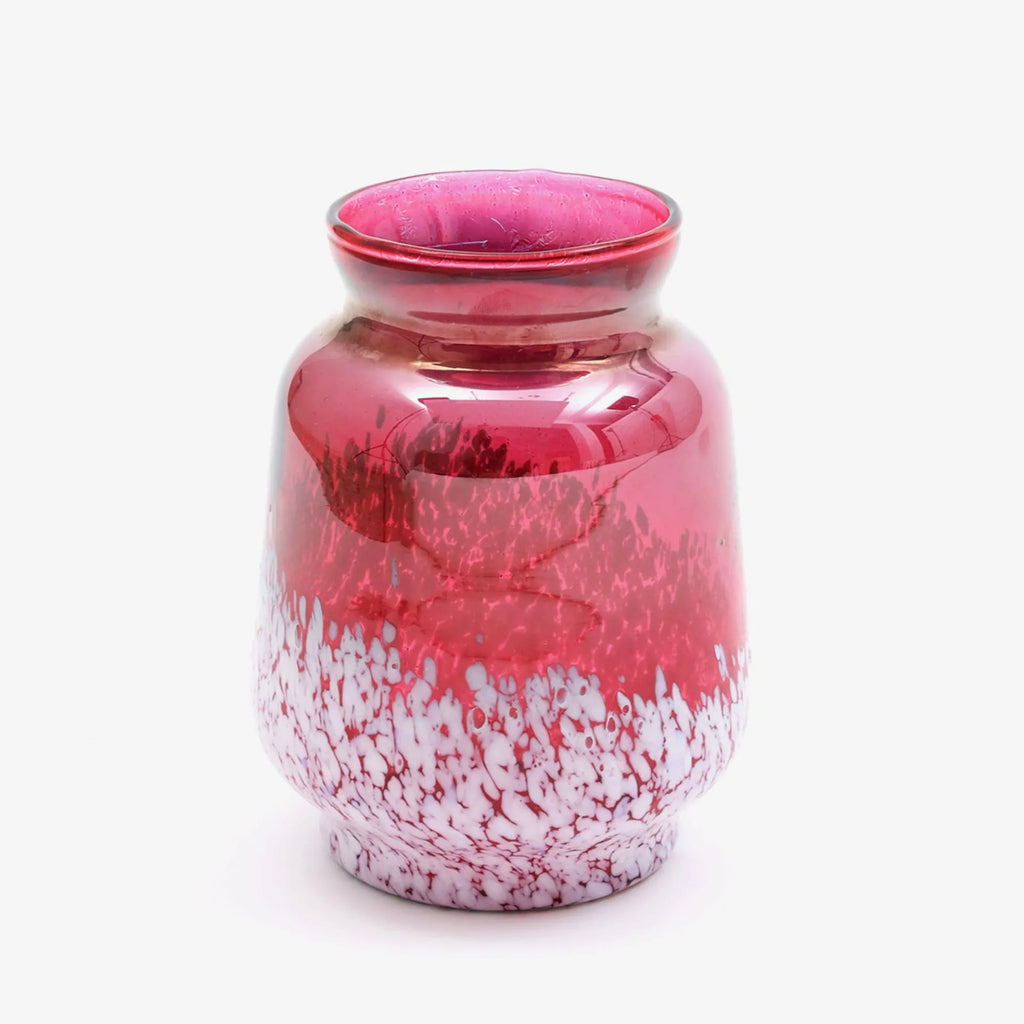 Red and White Splatter Glass Vase 6x8 Inch Handcrafted Art Piece