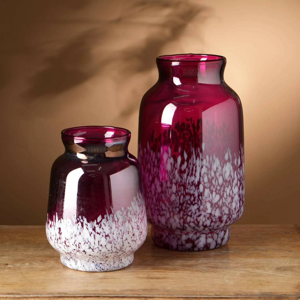 Red and White Splatter Glass Vase 6x8 Inch Handcrafted Art Piece