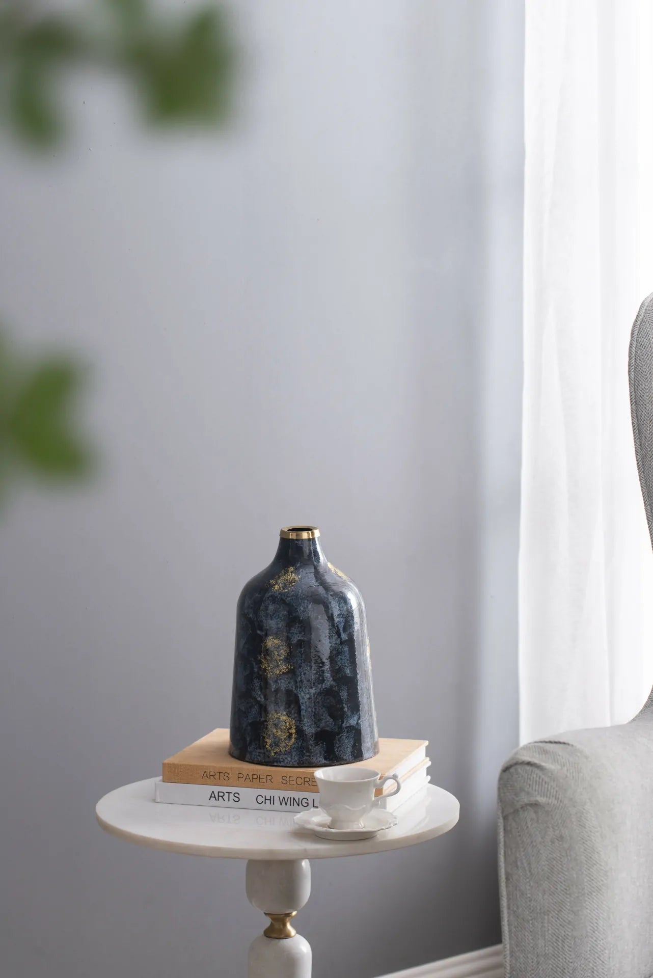 Royal Blue and Gold Glass Vase 10.2 Inch Elegant Home Decor Centerpiece