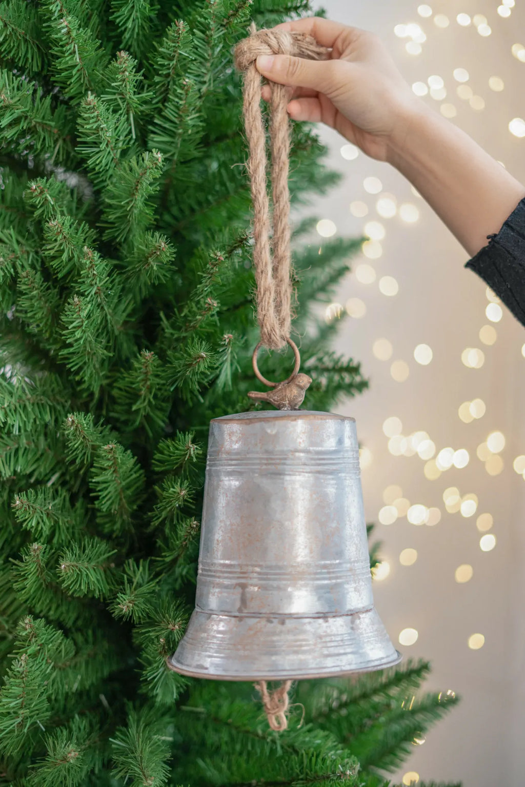 Rustic Christmas Ornaments Set of 2 Metal Bells with Natural Jute