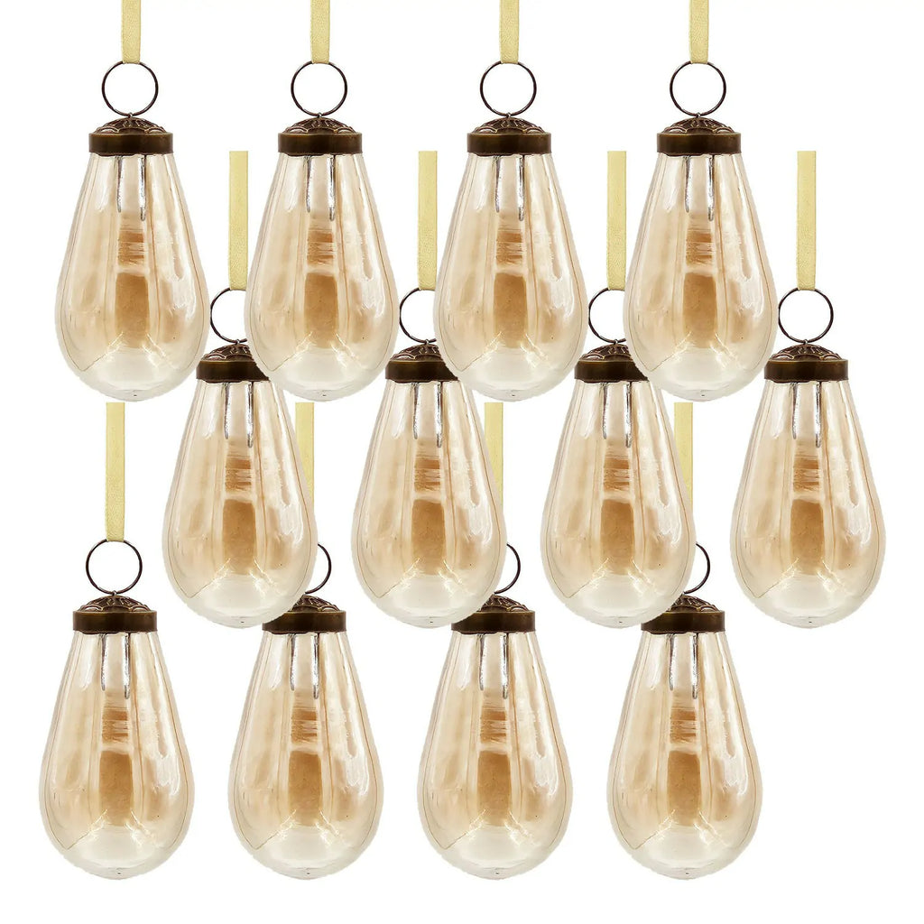 Set of 12 Lustrous Teardrop Glass Ornaments Elegant Gold-Brown Holiday Decor