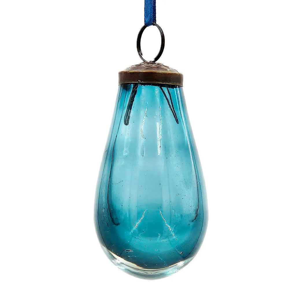 Set of 12 Teal Teardrop Glass Ornaments with Antique Bronze Top 3.7 Inch