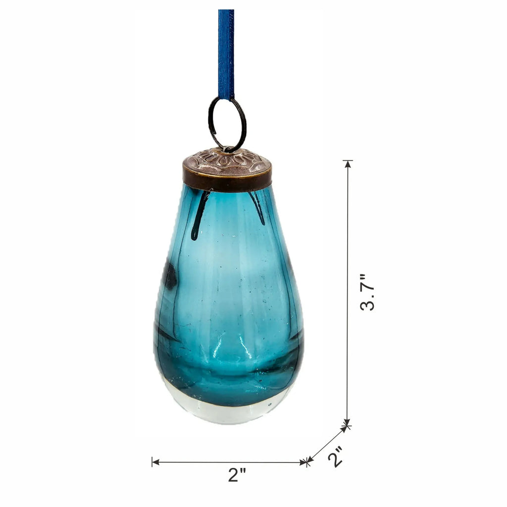 Set of 12 Teal Teardrop Glass Ornaments with Antique Bronze Top 3.7 Inch
