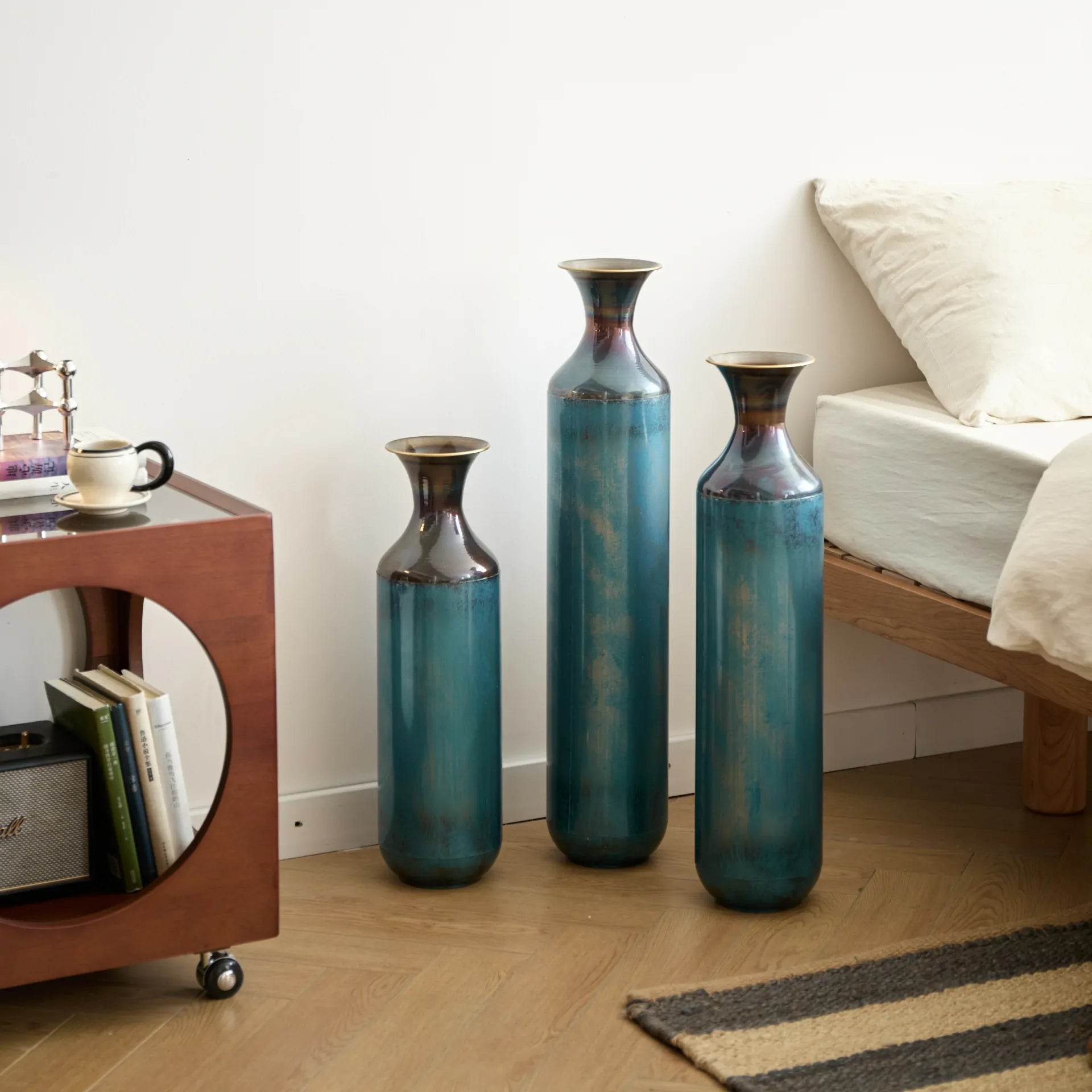 Set of 3 White Droplet Metal Floor Vases Modern Glazed Home Decor