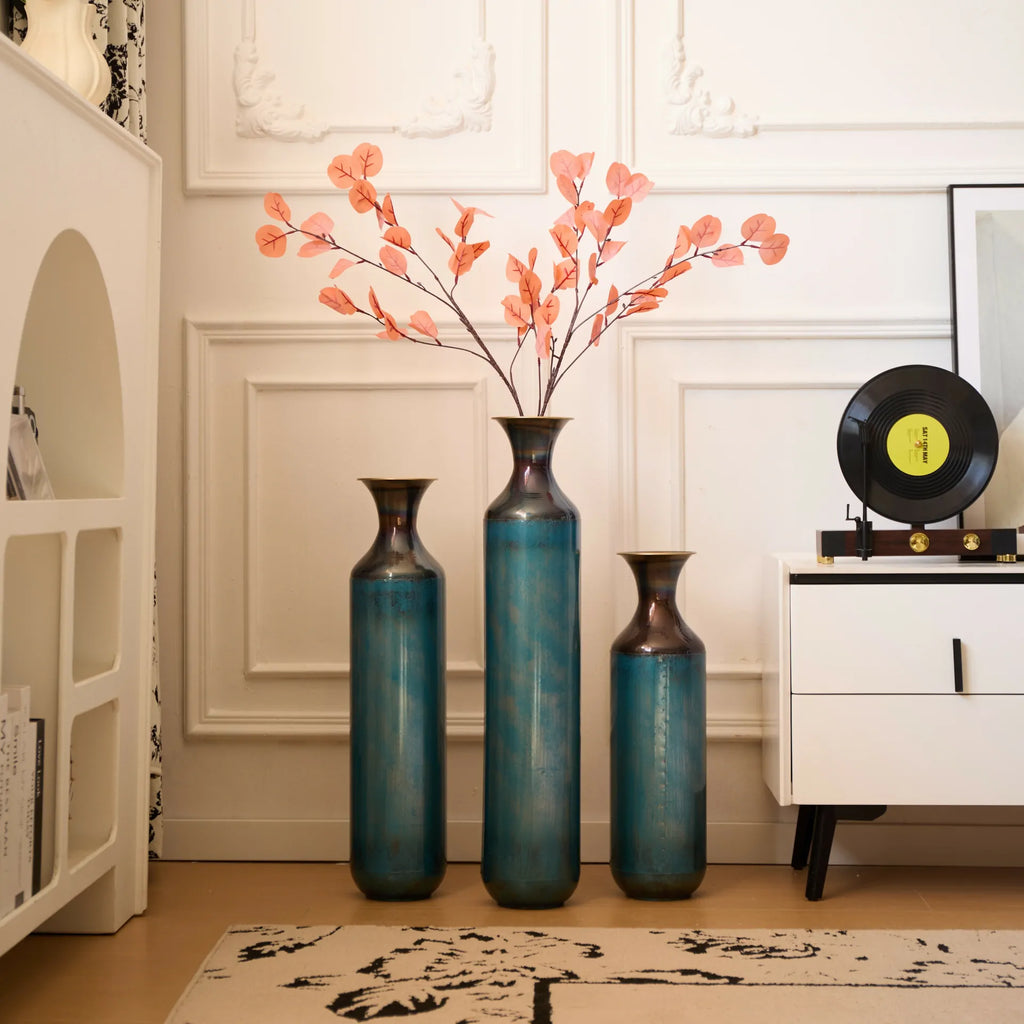 Set of 3 White Droplet Metal Floor Vases Modern Glazed Home Decor