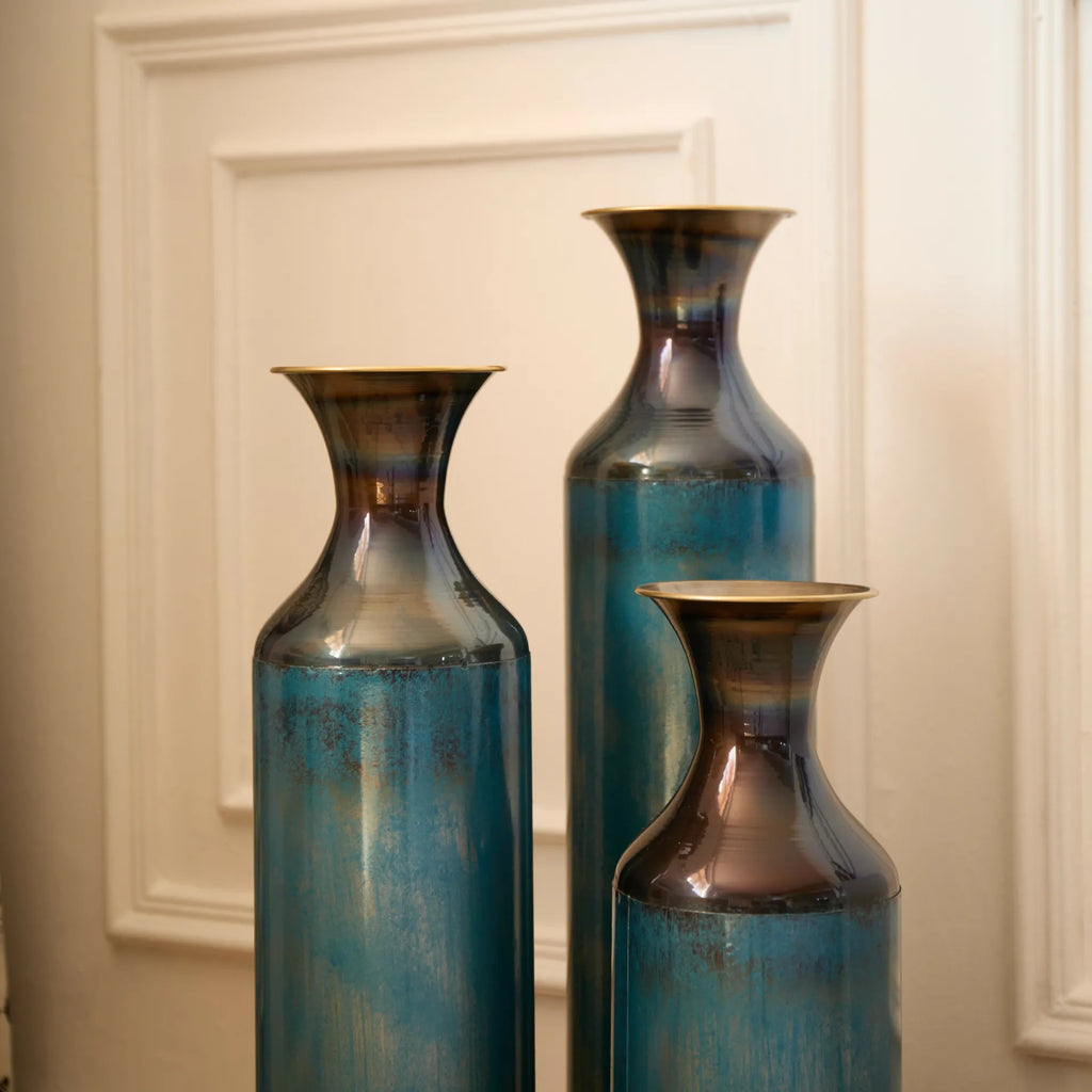 Set of 3 White Droplet Metal Floor Vases Modern Glazed Home Decor