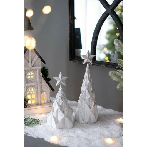 Set of 3 White Silver Resin Christmas Trees with Star Top
