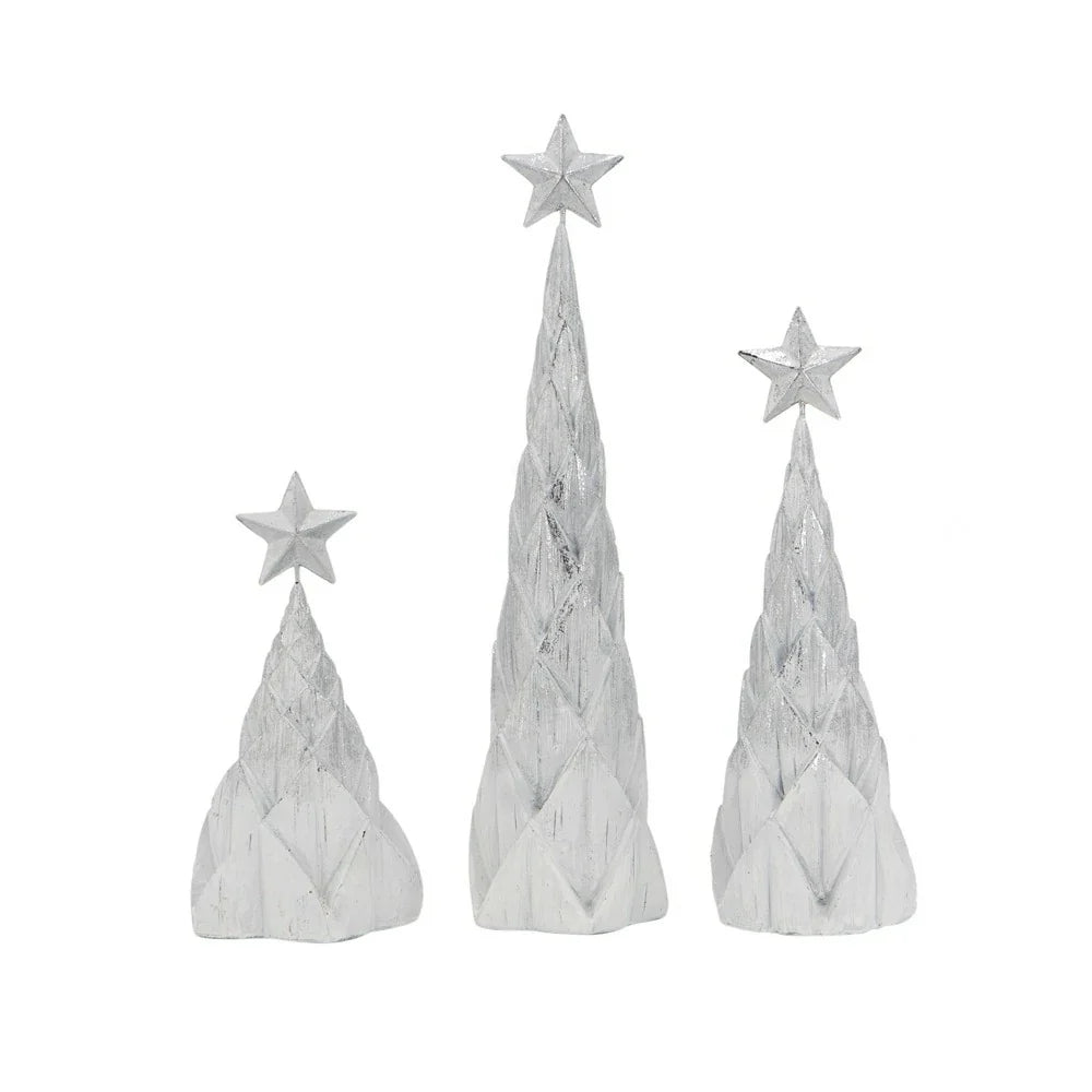 Set of 3 White Silver Resin Christmas Trees with Star Top
