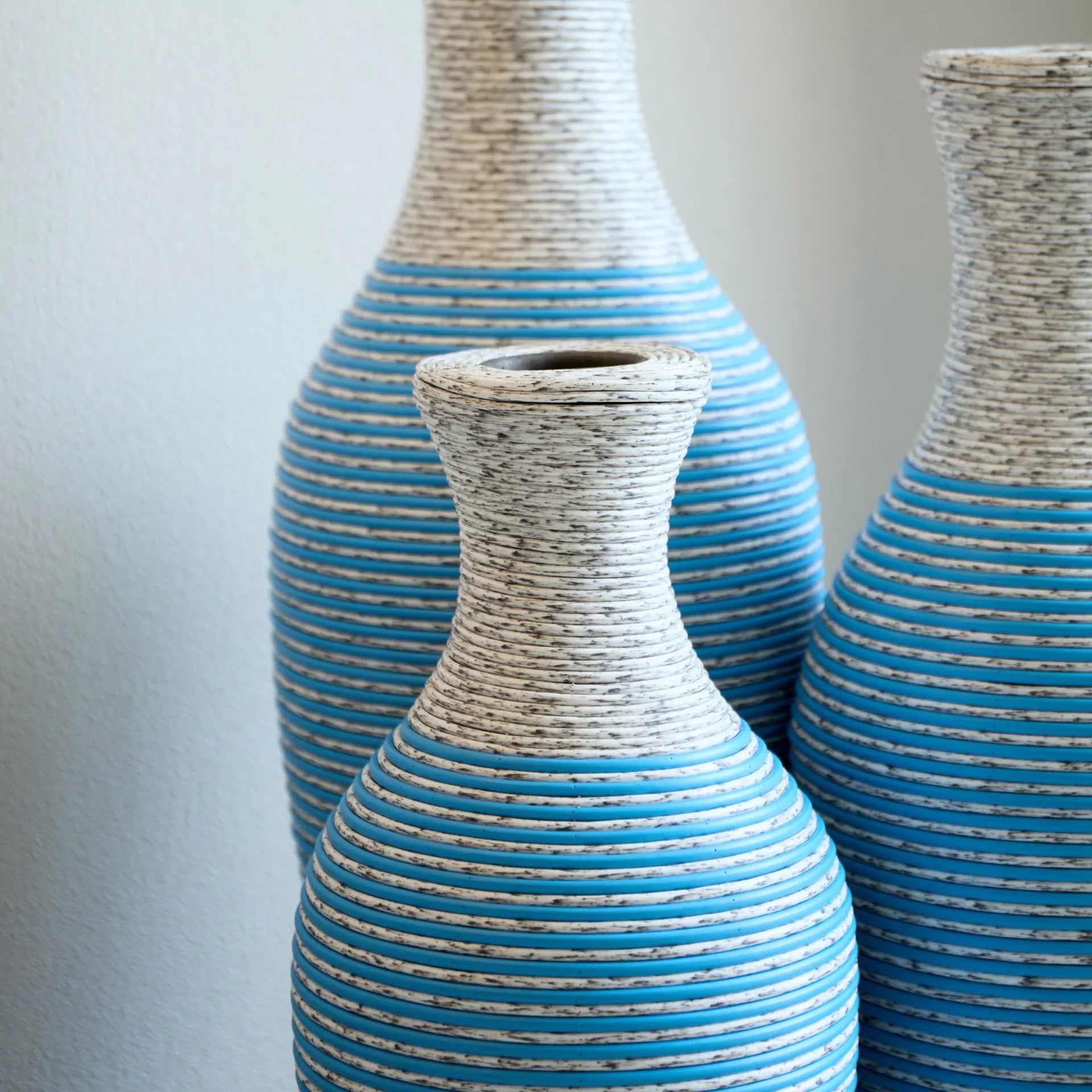 Set of 3 Woven Texture Floor Vases in Blue and White Modern Home Decor