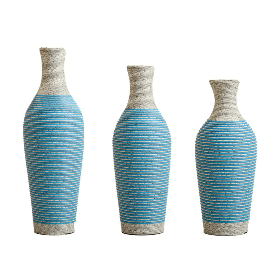 Set of 3 Woven Texture Floor Vases in Blue and White Modern Home Decor