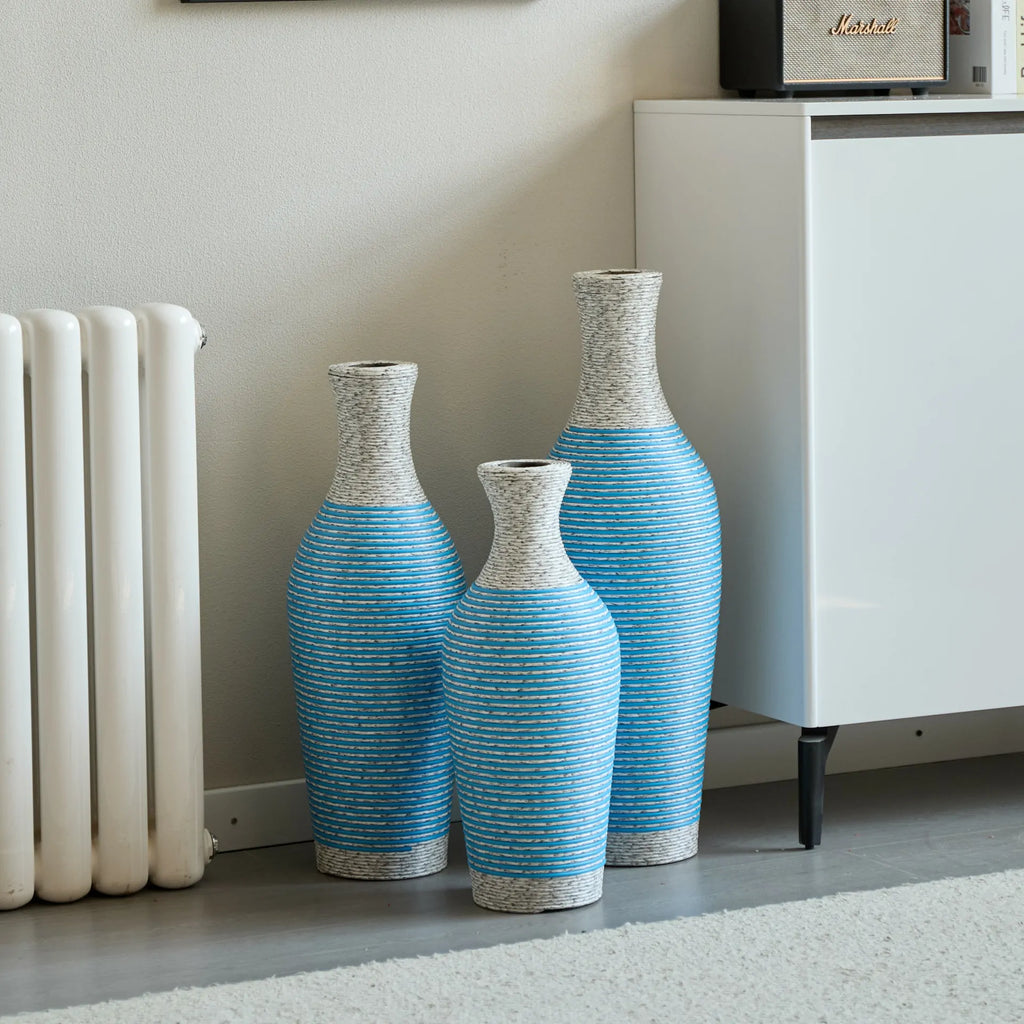 Set of 3 Woven Texture Floor Vases in Blue and White Modern Home Decor