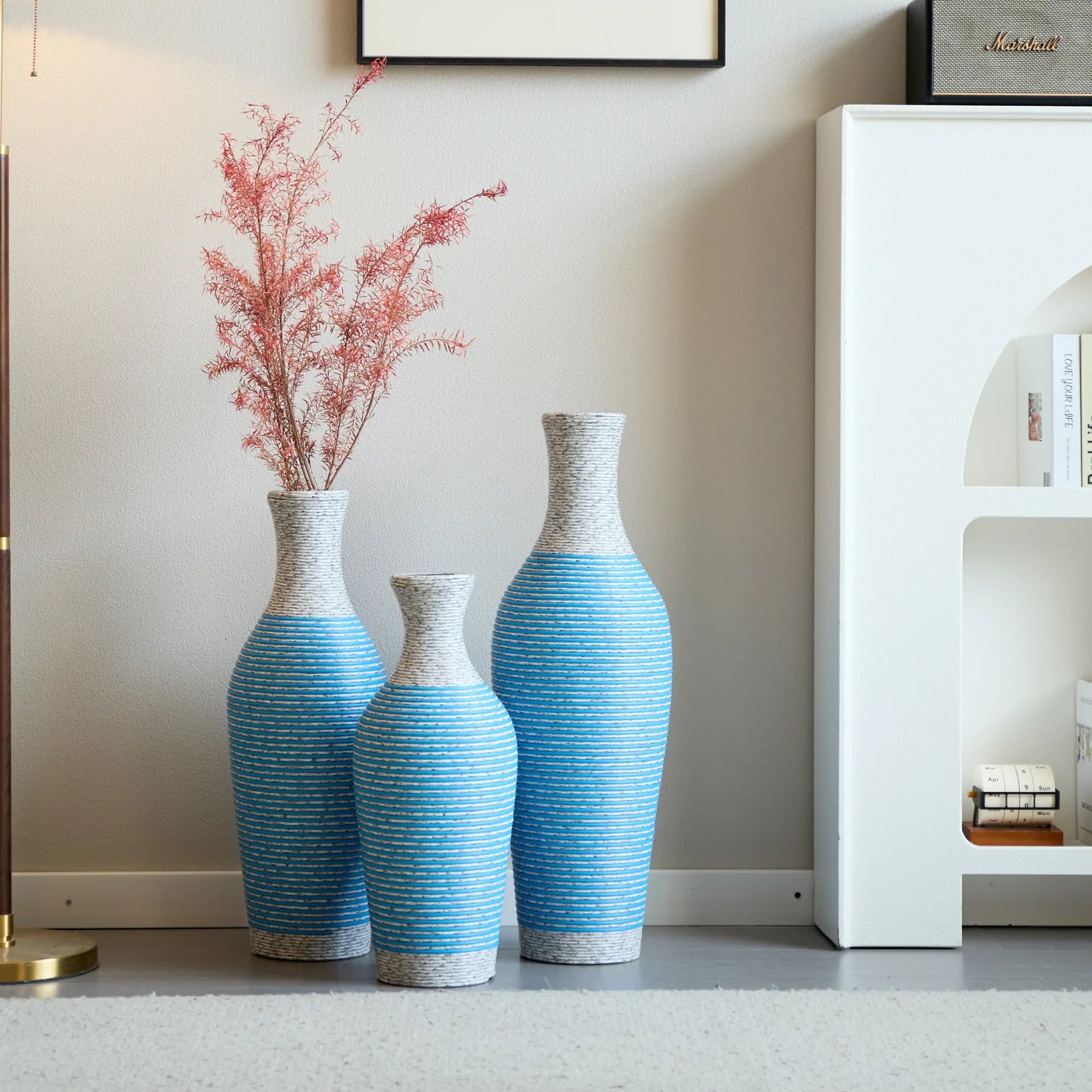Set of 3 Woven Texture Floor Vases in Blue and White Modern Home Decor