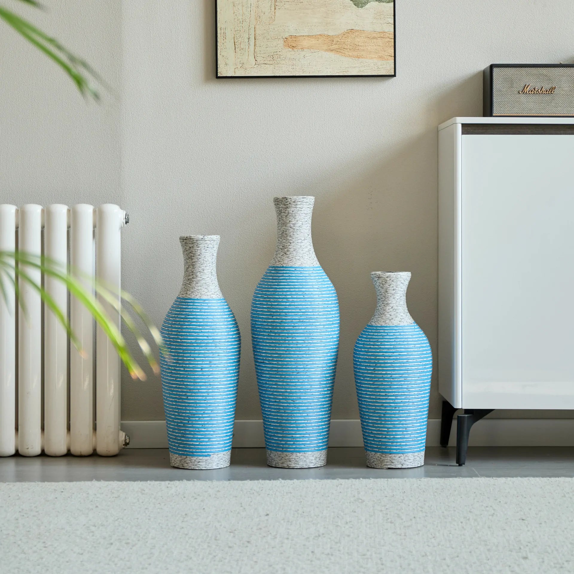 Set of 3 Woven Texture Floor Vases in Blue and White Modern Home Decor
