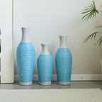 Set of 3 Woven Texture Floor Vases in Blue and White Modern Home Decor