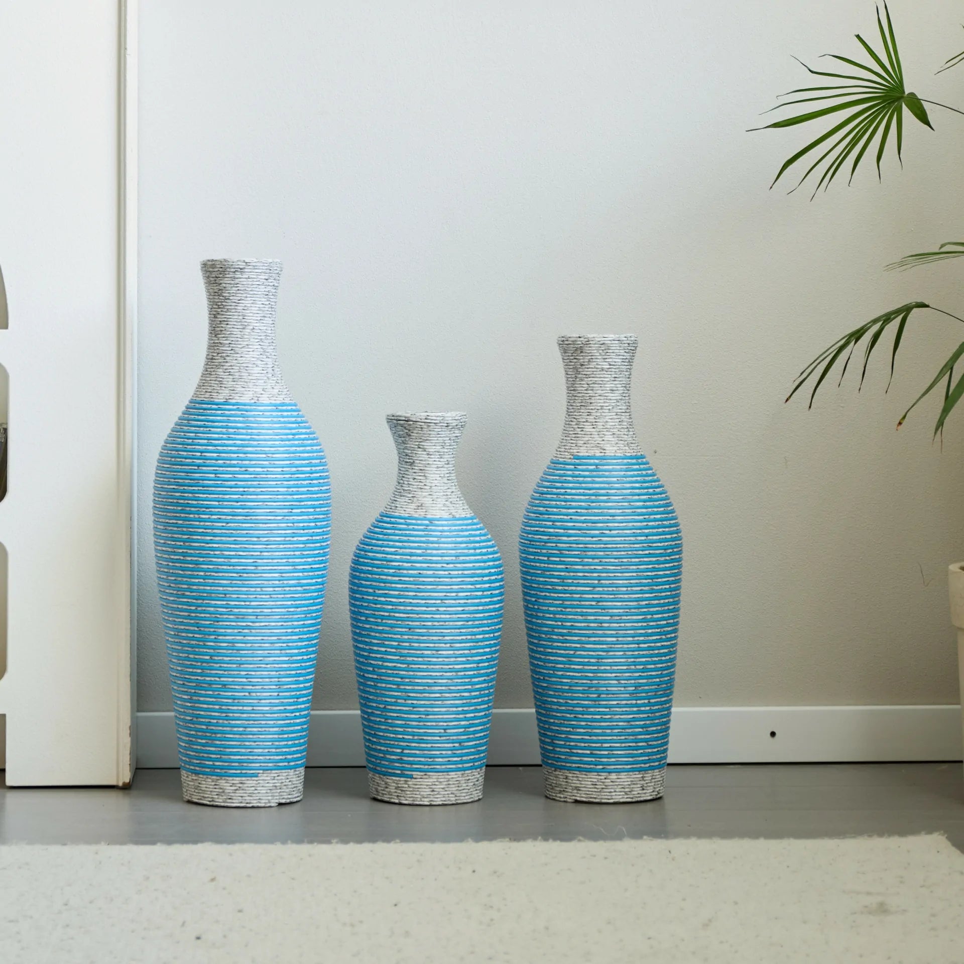 Set of 3 Woven Texture Floor Vases in Blue and White Modern Home Decor