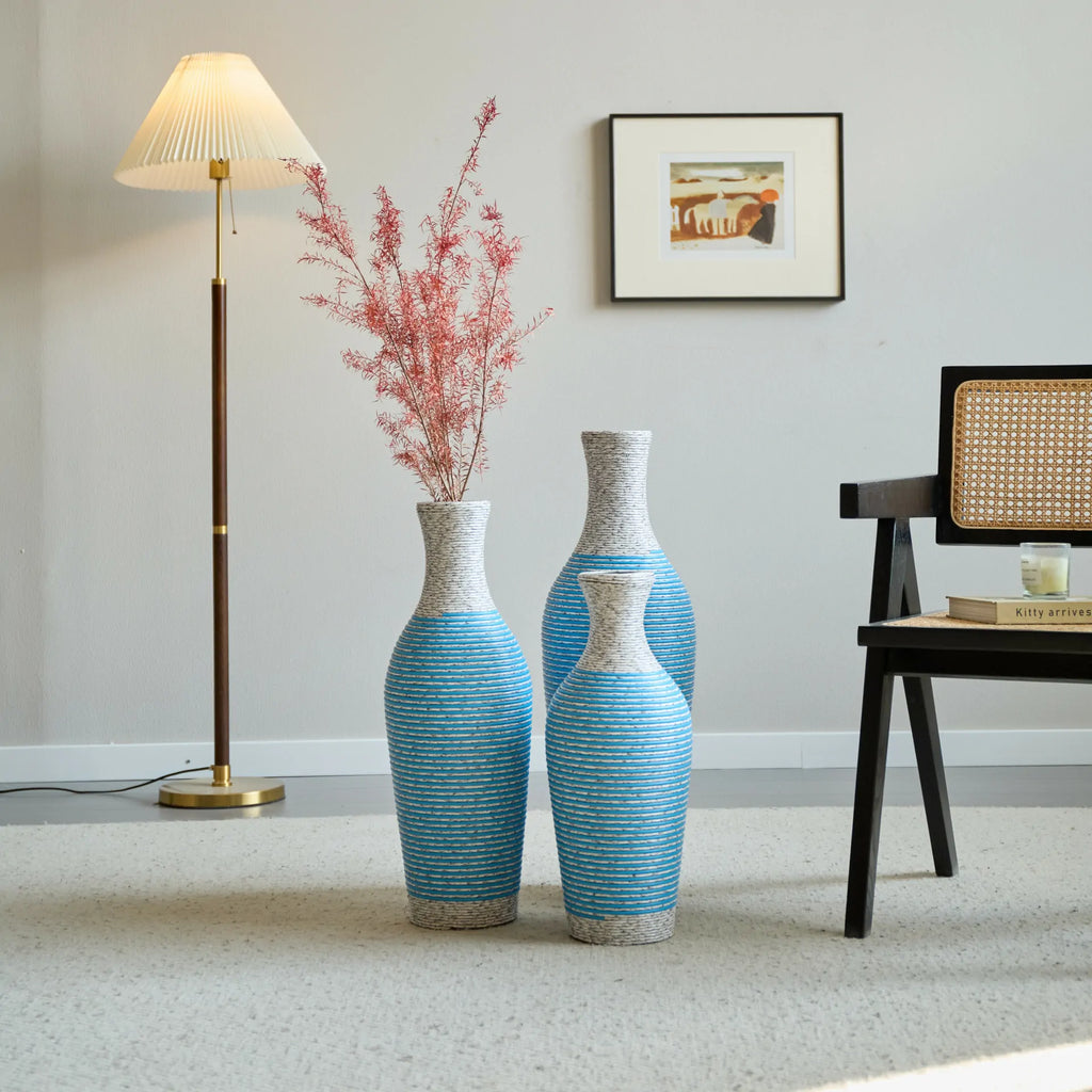 Set of 3 Woven Texture Floor Vases in Blue and White Modern Home Decor