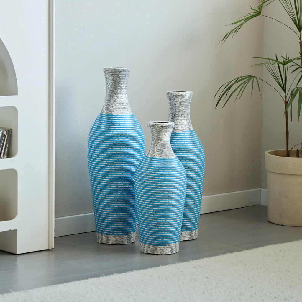 Set of 3 Woven Texture Floor Vases in Blue and White Modern Home Decor