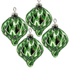 Set of 4 Green Diamond Patterned Glass Christmas Ball Ornaments 5.1 Inch