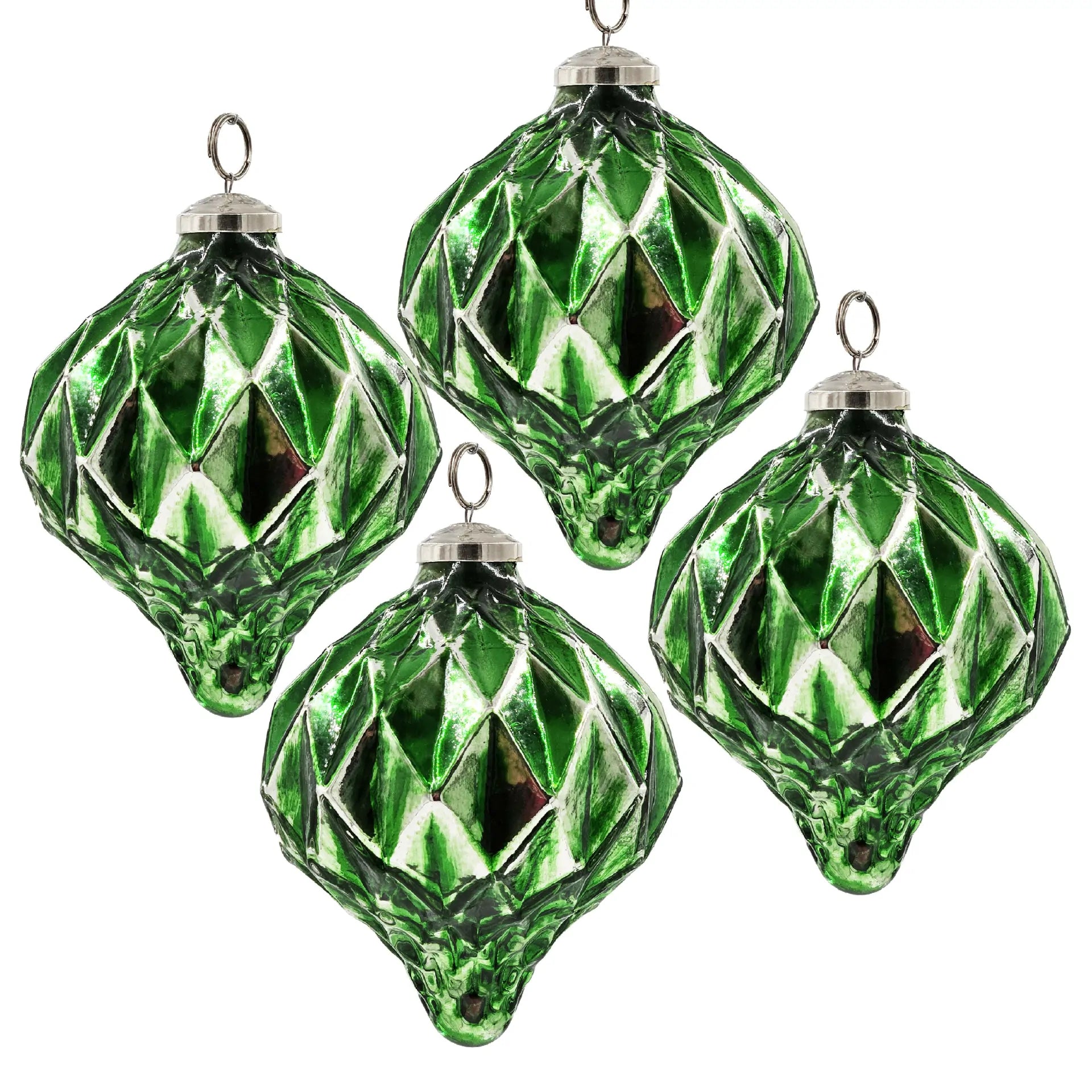 Set of 4 Green Diamond Patterned Glass Christmas Ball Ornaments 5.1 Inch