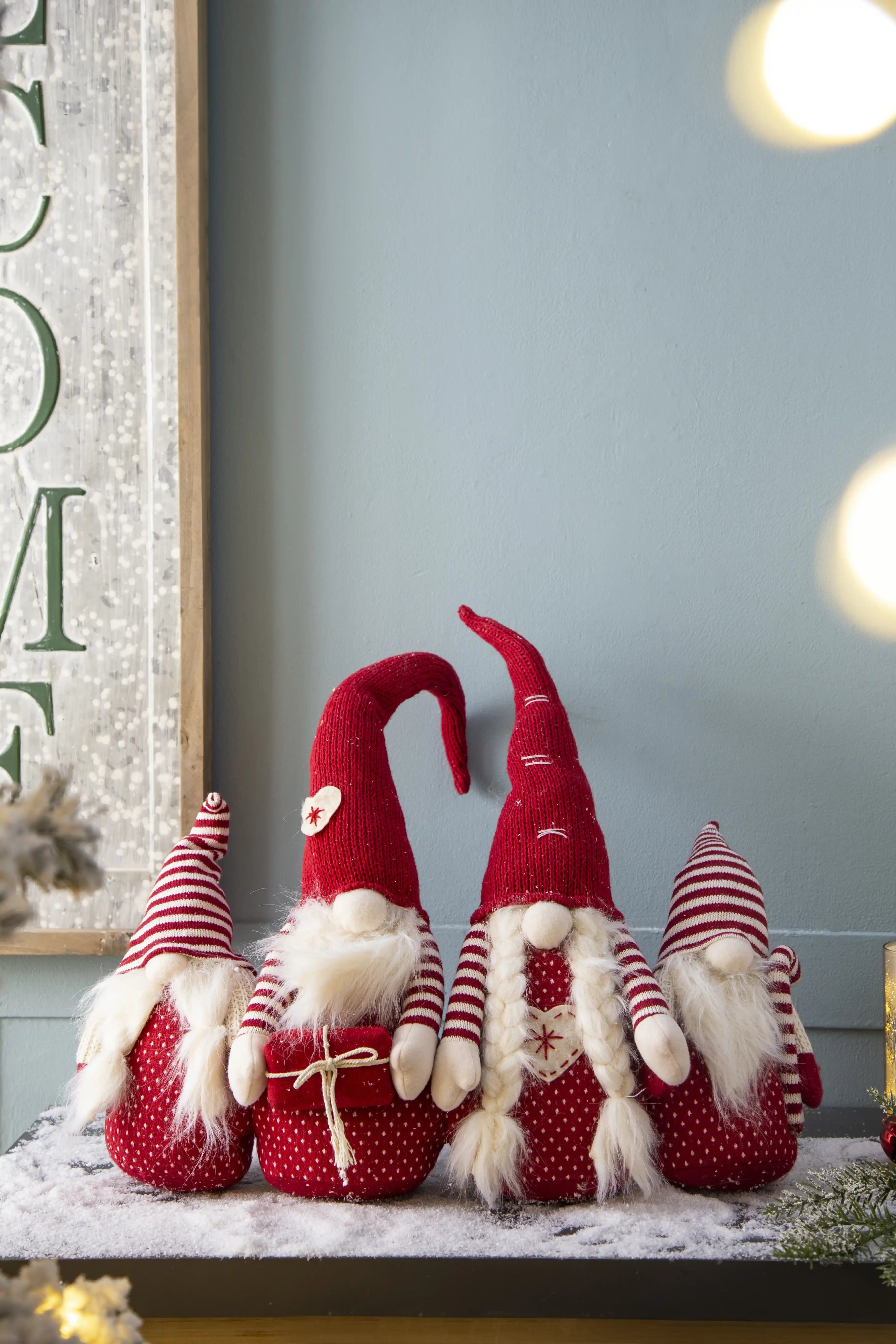 Set of 4 Red Fabric Gnome Family Decorations