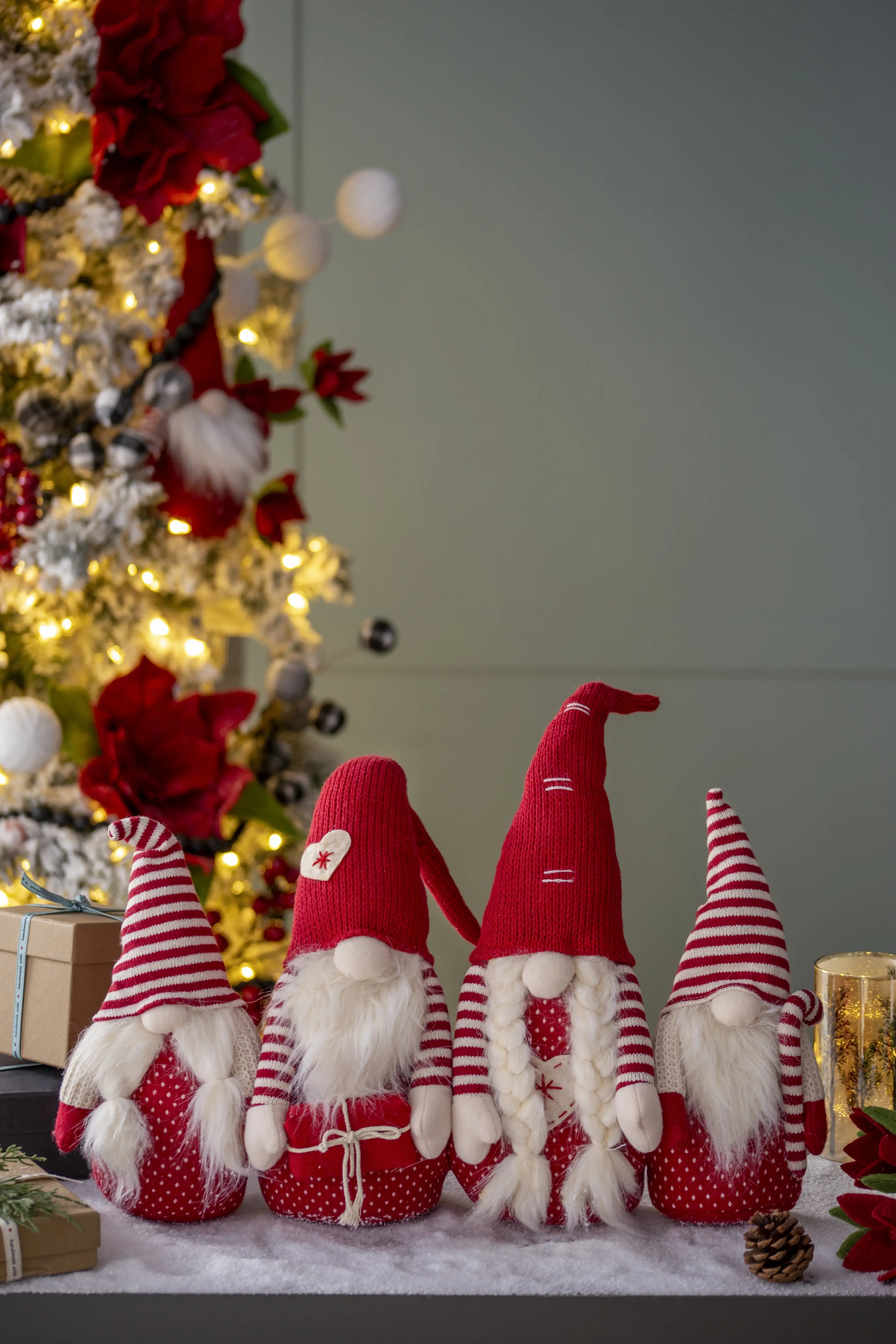 Set of 4 Red Fabric Gnome Family Decorations