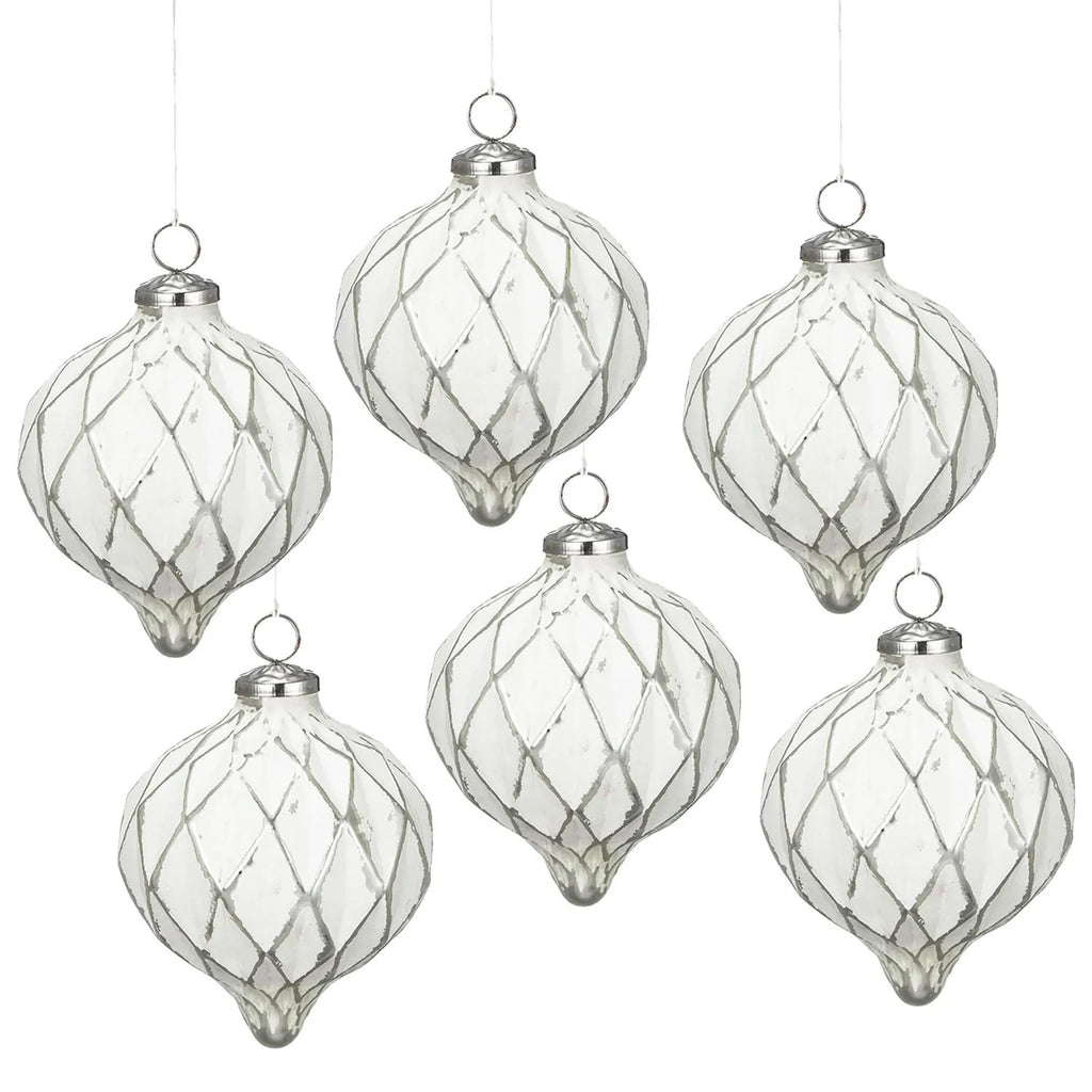 Set of 6 Clear Glass Christmas Baubles with Diamond Pattern 5.7 Inch Decor